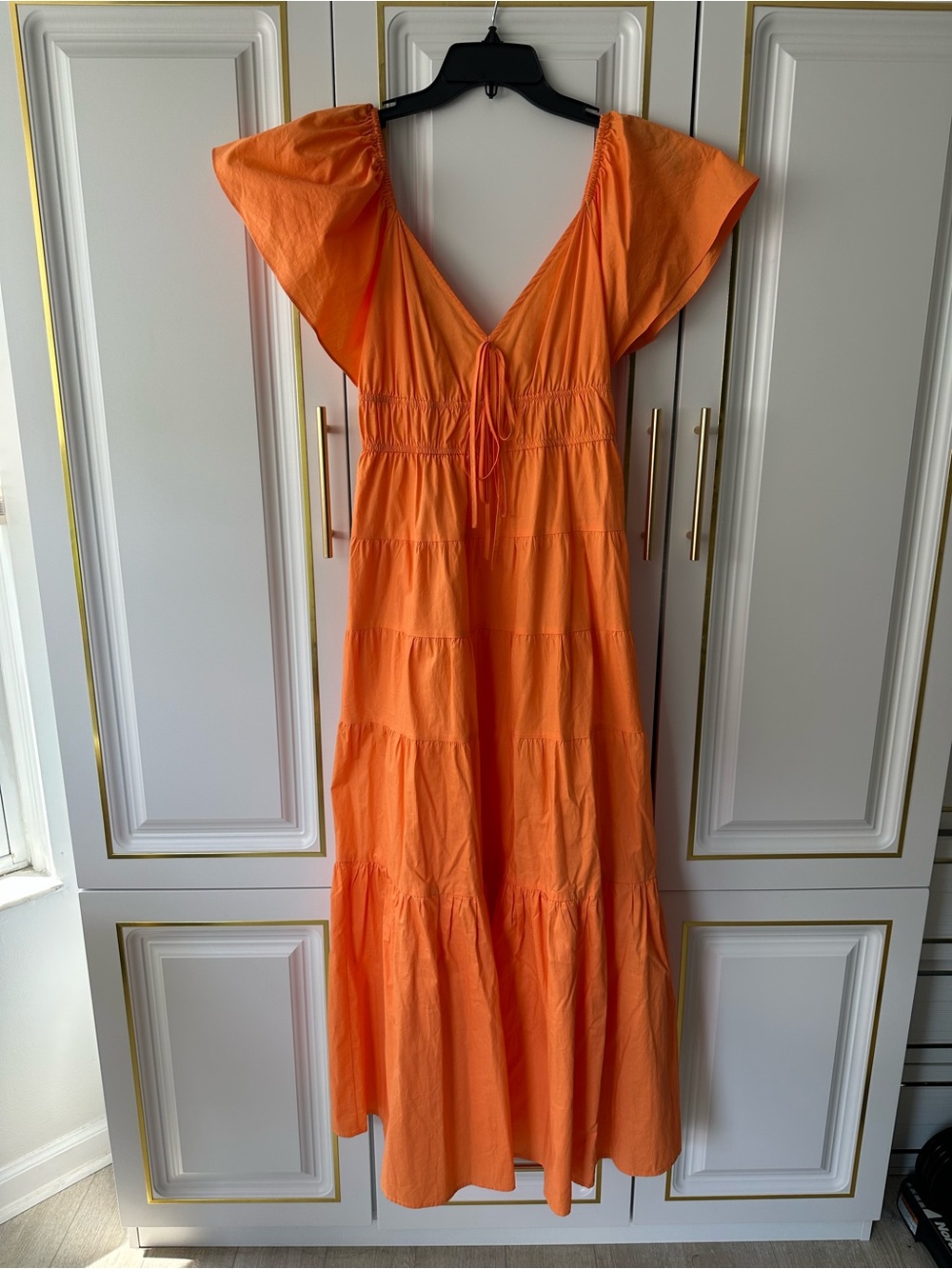 Moon River Orange V-Neck Tiered Maxi with Flutter Sleeves